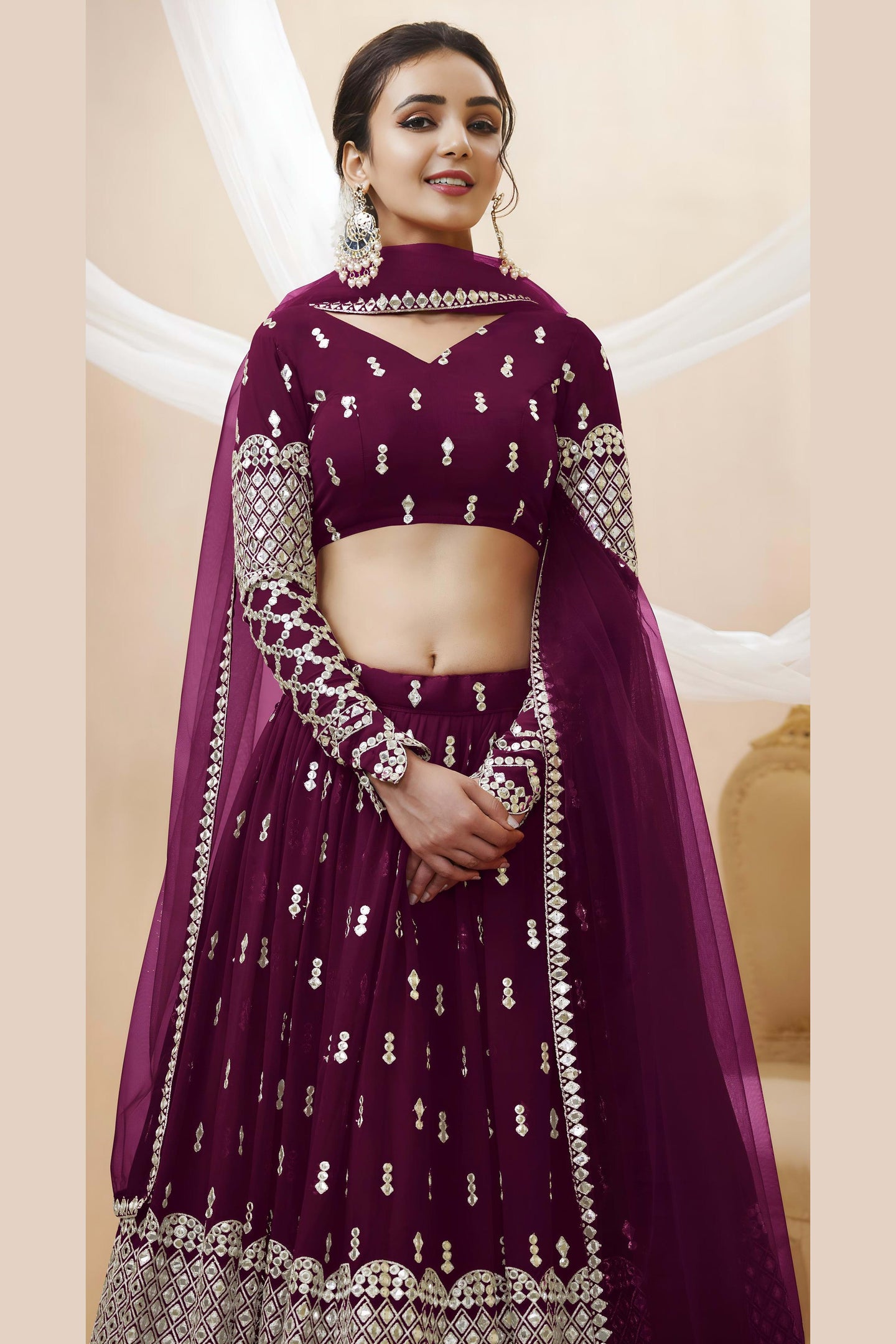 Wine Georgette Lehenga Choli For Indian & Pakistani Wedding Festival - Sequins & Thread Embroidery Work, Zari Work