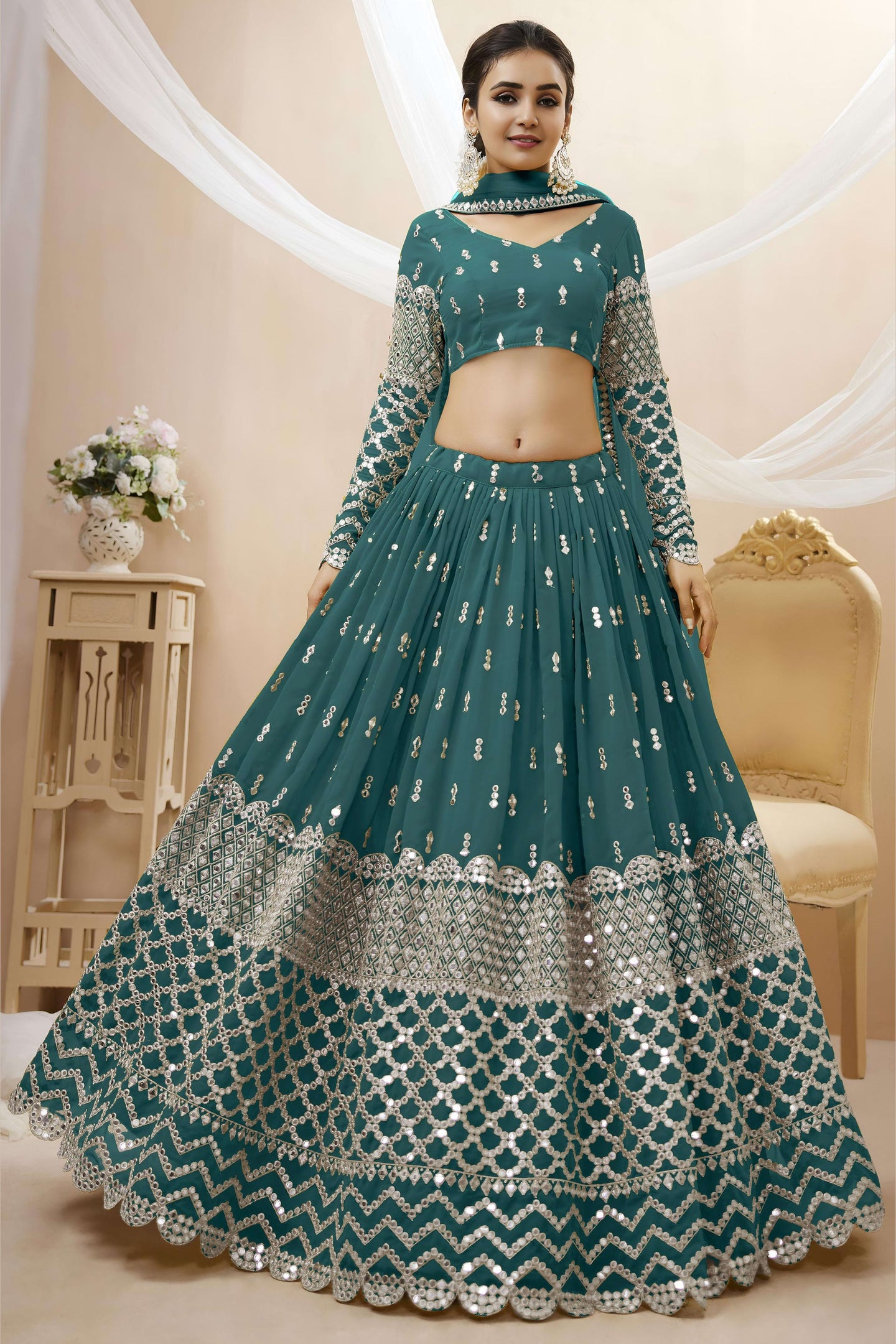 Teal Georgette Lehenga Choli For Indian & Pakistani Wedding Festival - Sequins & Thread Embroidery Work, Zari Work