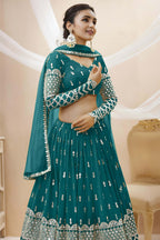 Teal Georgette Lehenga Choli For Indian & Pakistani Wedding Festival - Sequins & Thread Embroidery Work, Zari Work