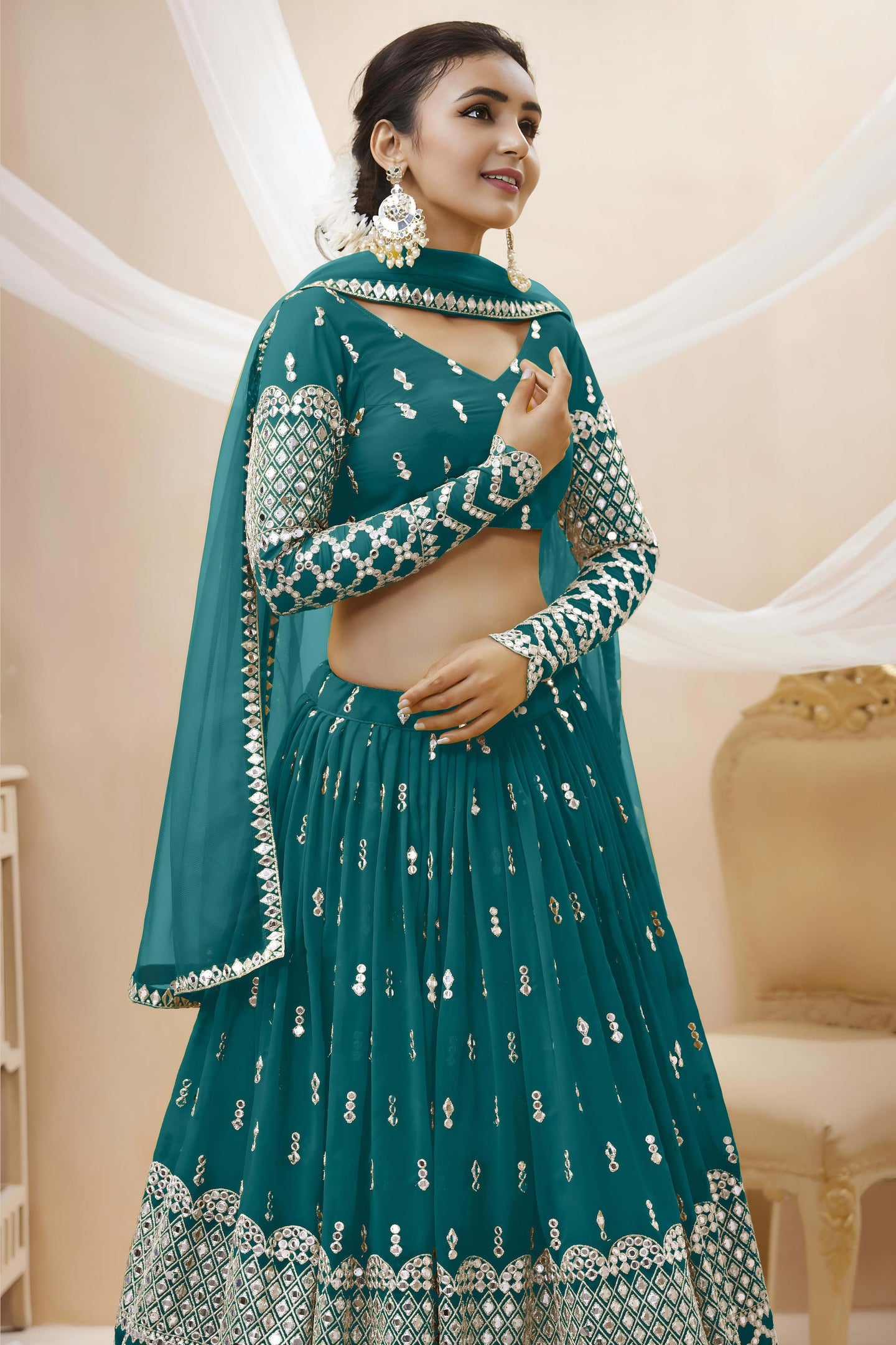 Teal Georgette Lehenga Choli For Indian & Pakistani Wedding Festival - Sequins & Thread Embroidery Work, Zari Work