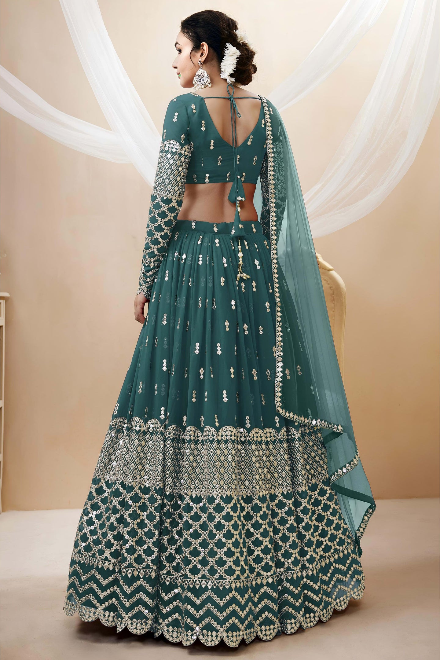 Teal Georgette Lehenga Choli For Indian & Pakistani Wedding Festival - Sequins & Thread Embroidery Work, Zari Work