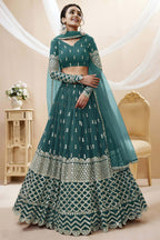 Teal Georgette Lehenga Choli For Indian & Pakistani Wedding Festival - Sequins & Thread Embroidery Work, Zari Work