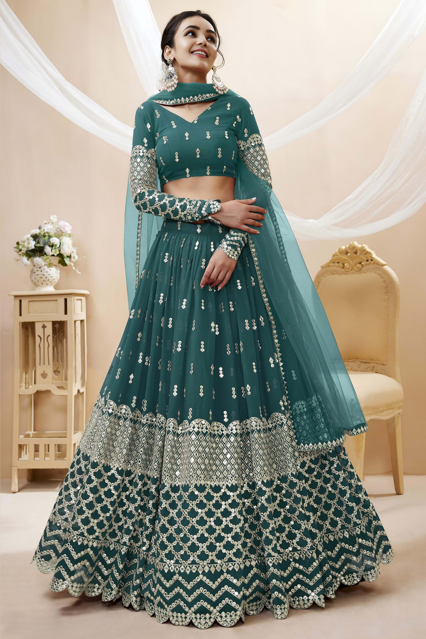 Teal Georgette Lehenga Choli For Indian & Pakistani Wedding Festival - Sequins & Thread Embroidery Work, Zari Work