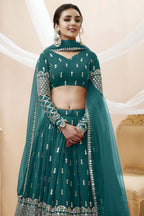 Teal Georgette Lehenga Choli For Indian & Pakistani Wedding Festival - Sequins & Thread Embroidery Work, Zari Work