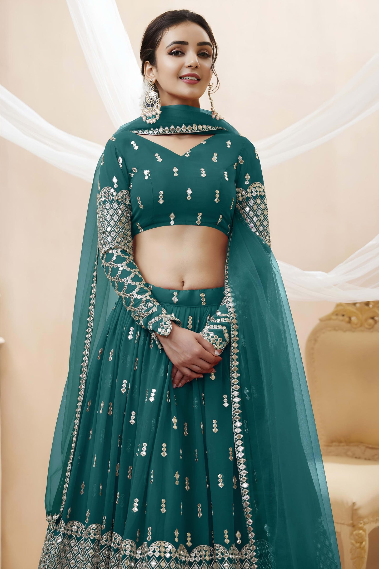 Teal Georgette Lehenga Choli For Indian & Pakistani Wedding Festival - Sequins & Thread Embroidery Work, Zari Work