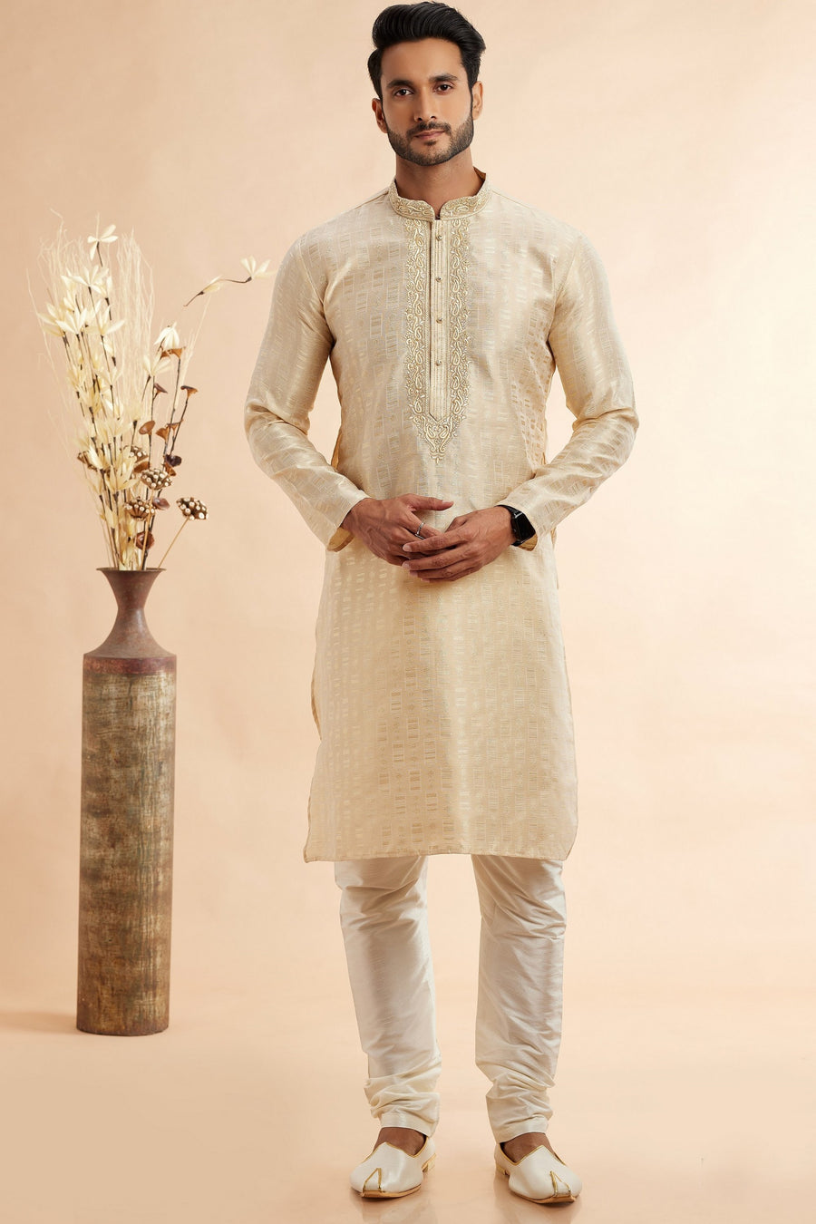 Cream Jacquard Silk Plain Straight Kurta Pajama for Men for Festival & Wedding - Embroidery Work