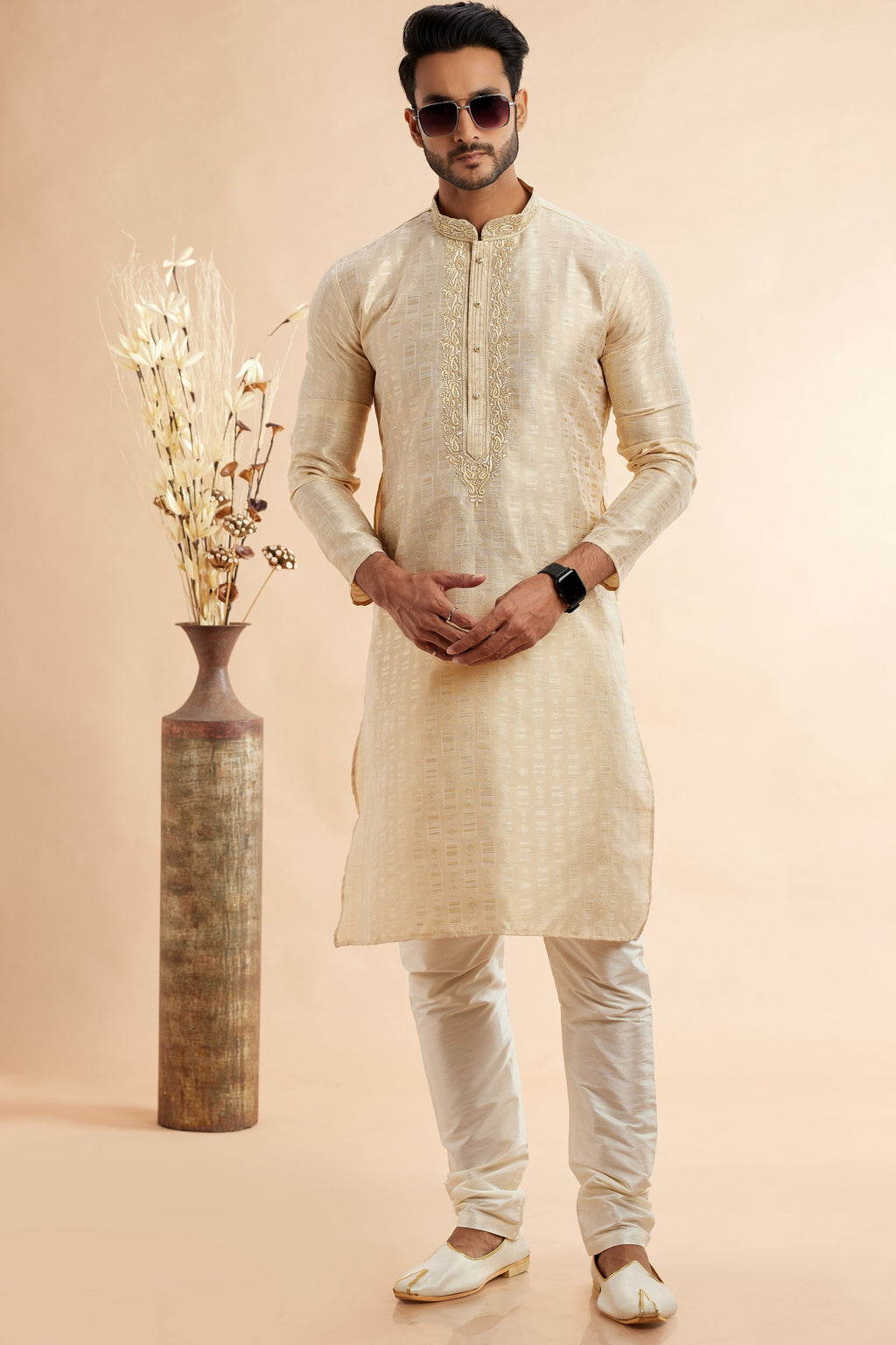 Cream Jacquard Silk Plain Straight Kurta Pajama for Men for Festival & Wedding - Embroidery Work