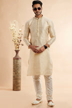 Cream Jacquard Silk Plain Straight Kurta Pajama for Men for Festival & Wedding - Embroidery Work