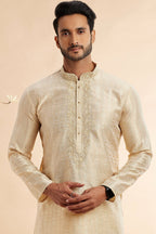 Cream Jacquard Silk Plain Straight Kurta Pajama for Men for Festival & Wedding - Embroidery Work