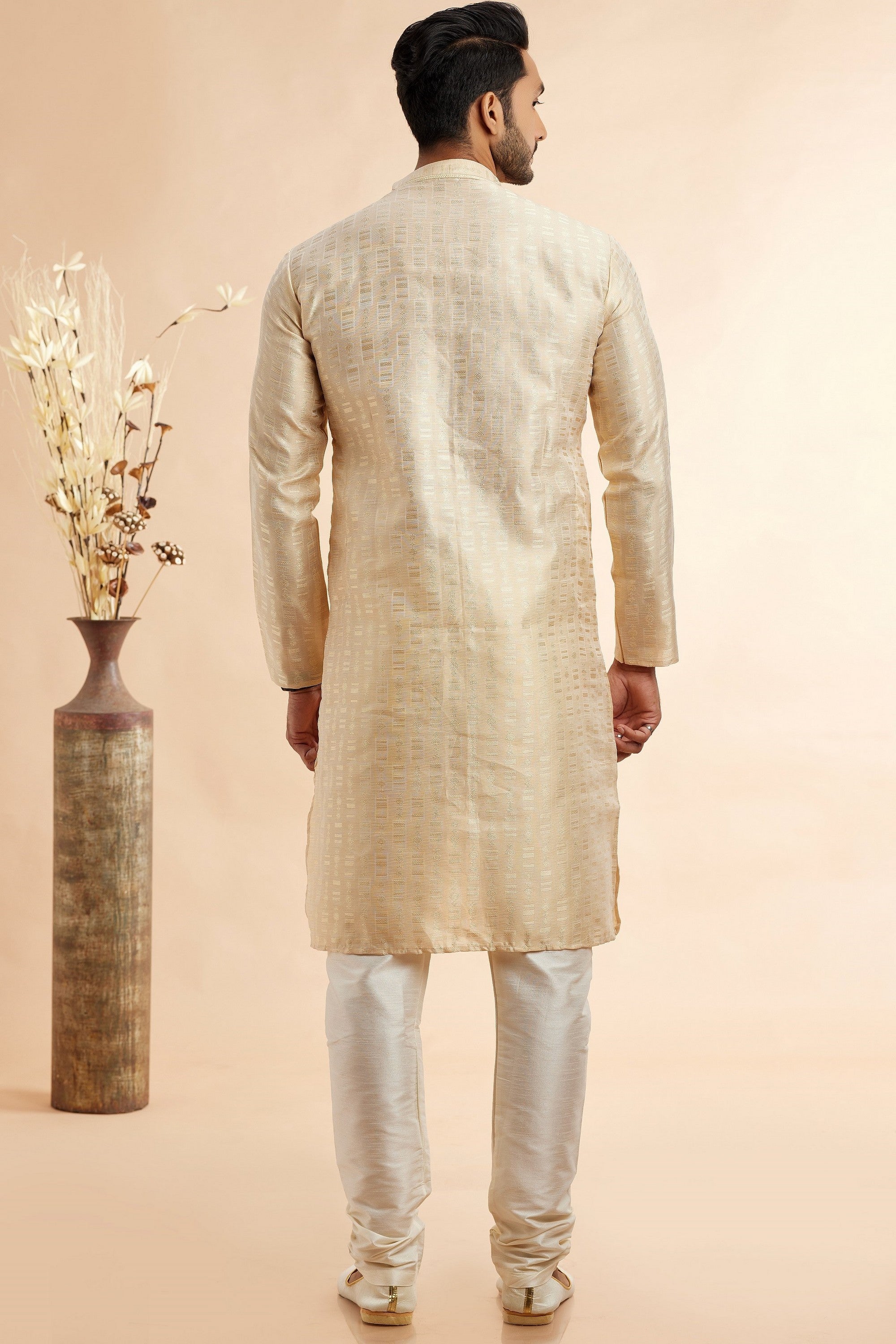Cream Jacquard Silk Plain Straight Kurta Pajama for Men for Festival & Wedding - Embroidery Work