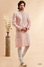 Peach Jacquard Silk Plain Straight Kurta Pajama for Men for Festival & Wedding - Embroidery Work
