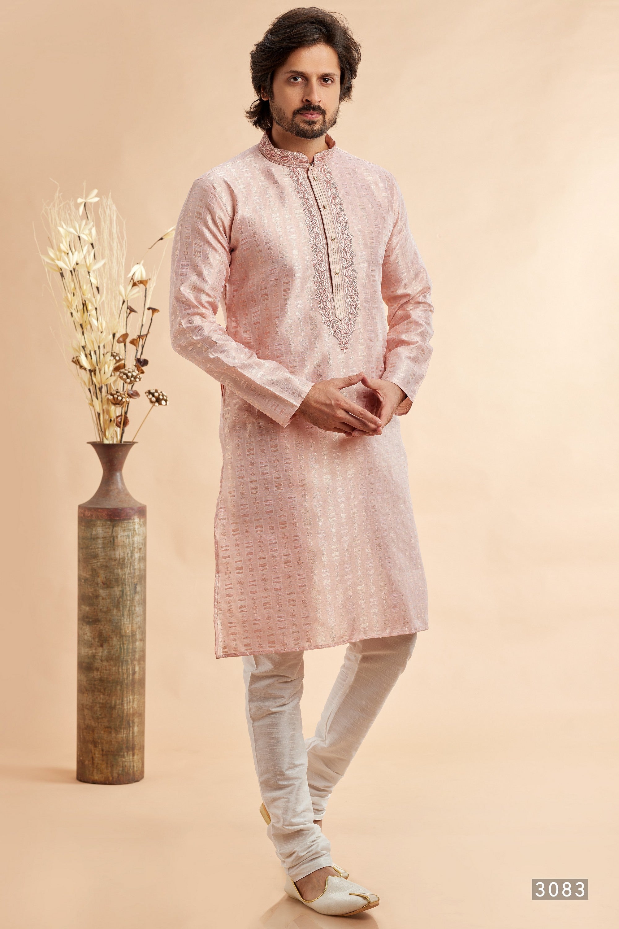 Peach Jacquard Silk Plain Straight Kurta Pajama for Men for Festival & Wedding - Embroidery Work