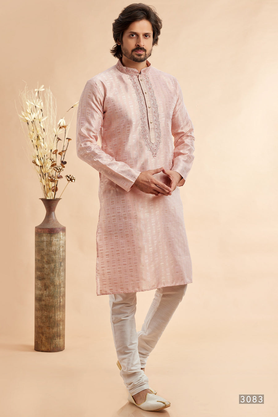 Peach Jacquard Silk Plain Straight Kurta Pajama for Men for Festival & Wedding - Embroidery Work