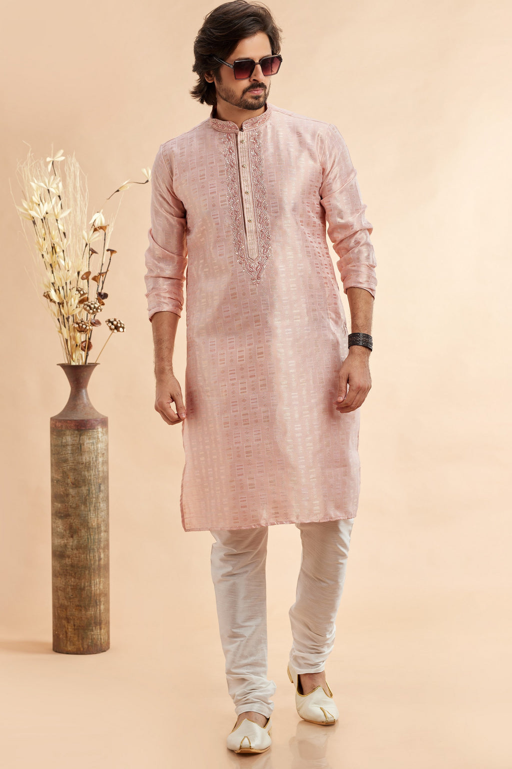 Peach Jacquard Silk Plain Straight Kurta Pajama for Men for Festival & Wedding - Embroidery Work