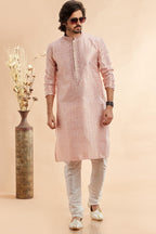 Peach Jacquard Silk Plain Straight Kurta Pajama for Men for Festival & Wedding - Embroidery Work