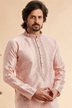 Peach Jacquard Silk Plain Straight Kurta Pajama for Men for Festival & Wedding - Embroidery Work