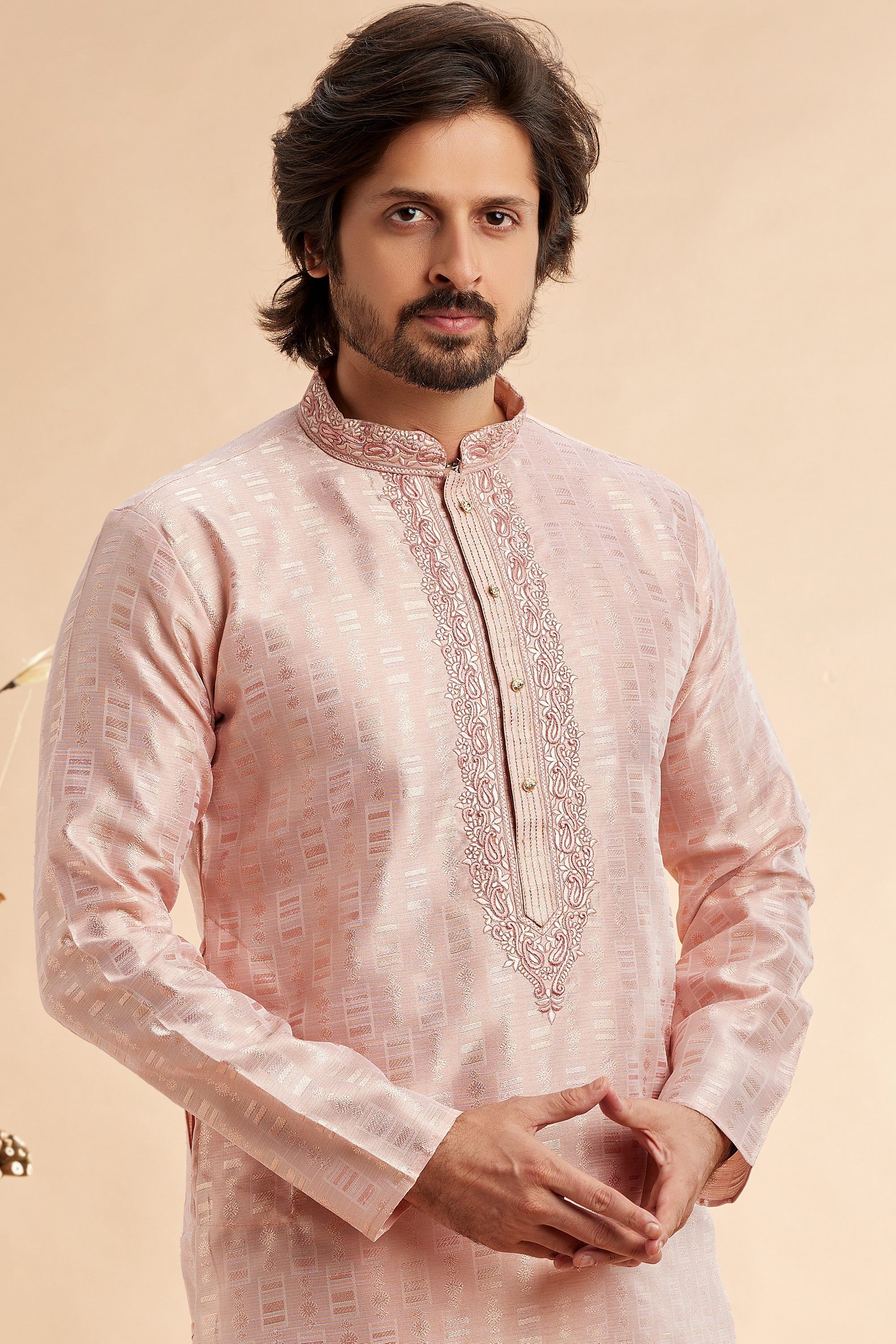 Peach Jacquard Silk Plain Straight Kurta Pajama for Men for Festival & Wedding - Embroidery Work