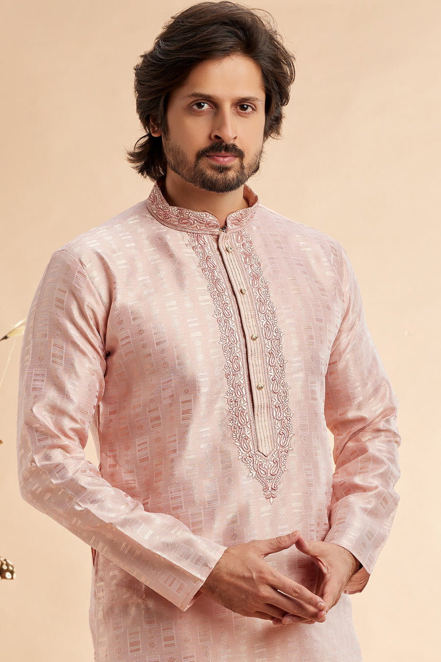 Peach Jacquard Silk Plain Straight Kurta Pajama for Men for Festival & Wedding - Embroidery Work