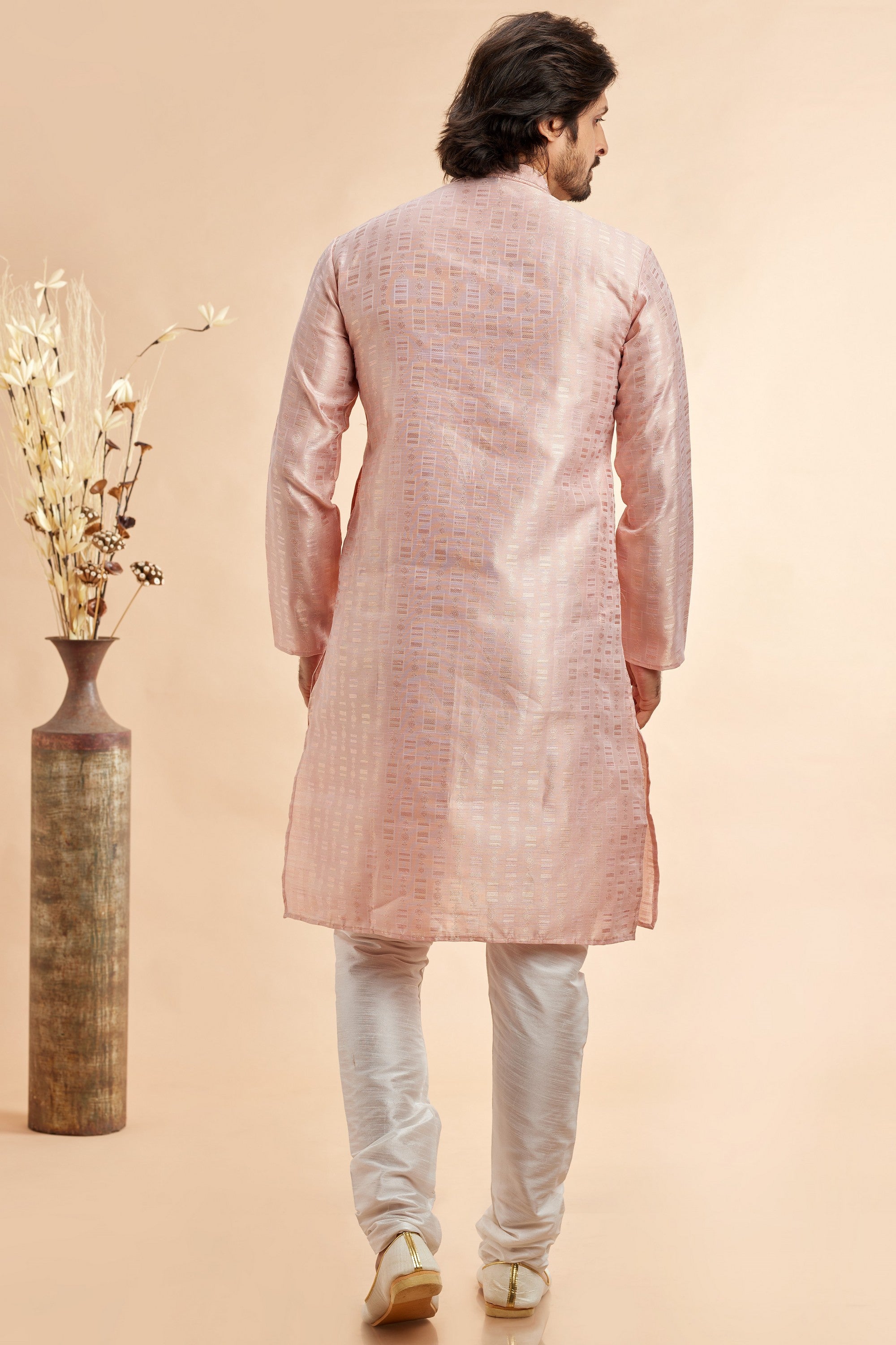 Peach Jacquard Silk Plain Straight Kurta Pajama for Men for Festival & Wedding - Embroidery Work