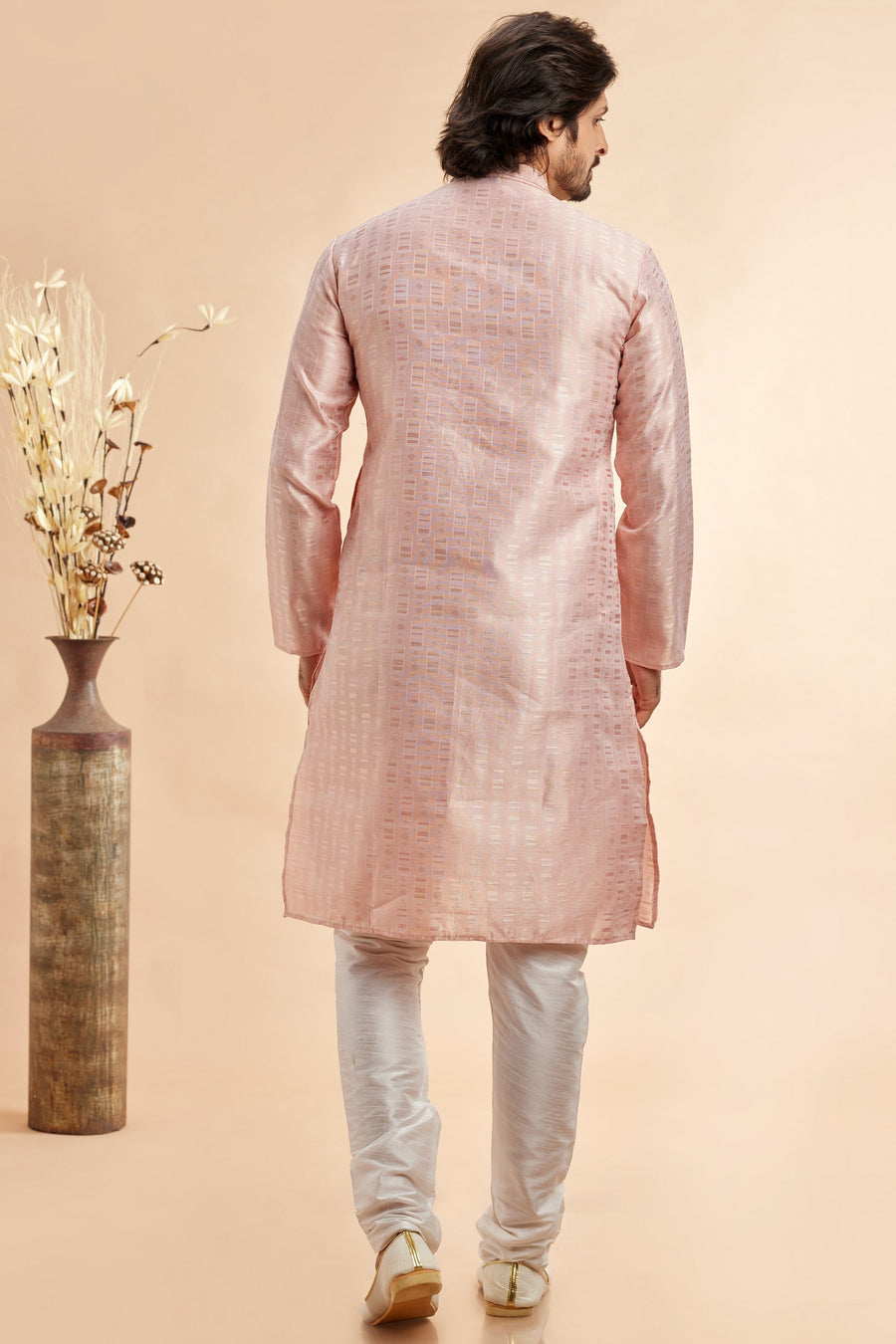 Peach Jacquard Silk Plain Straight Kurta Pajama for Men for Festival & Wedding - Embroidery Work
