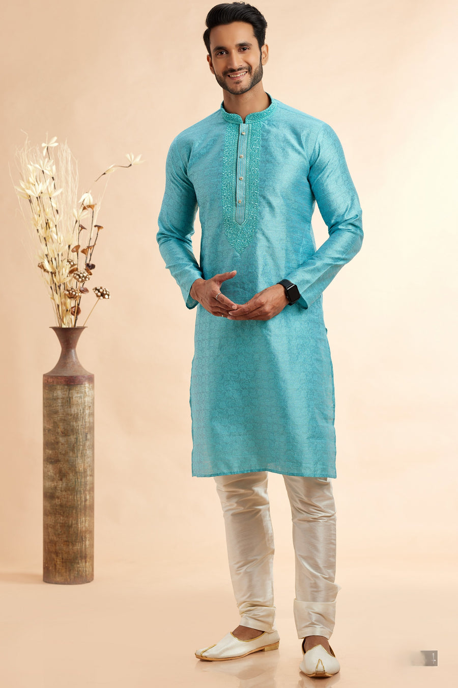 Turquoise Jacquard Silk Plain Straight Kurta Pajama for Men for Festival & Wedding - Embroidery Work