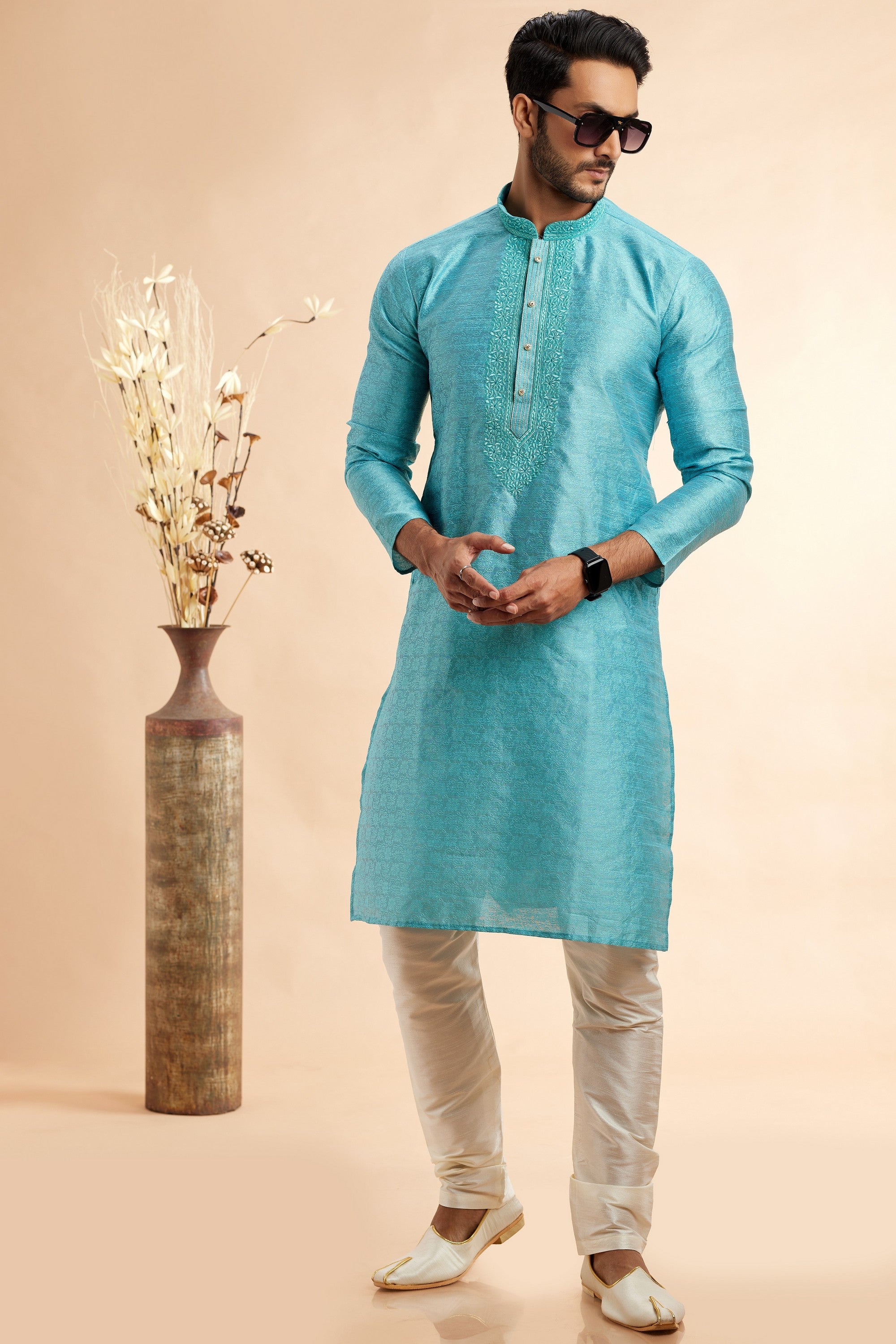 Turquoise Jacquard Silk Plain Straight Kurta Pajama for Men for Festival & Wedding - Embroidery Work
