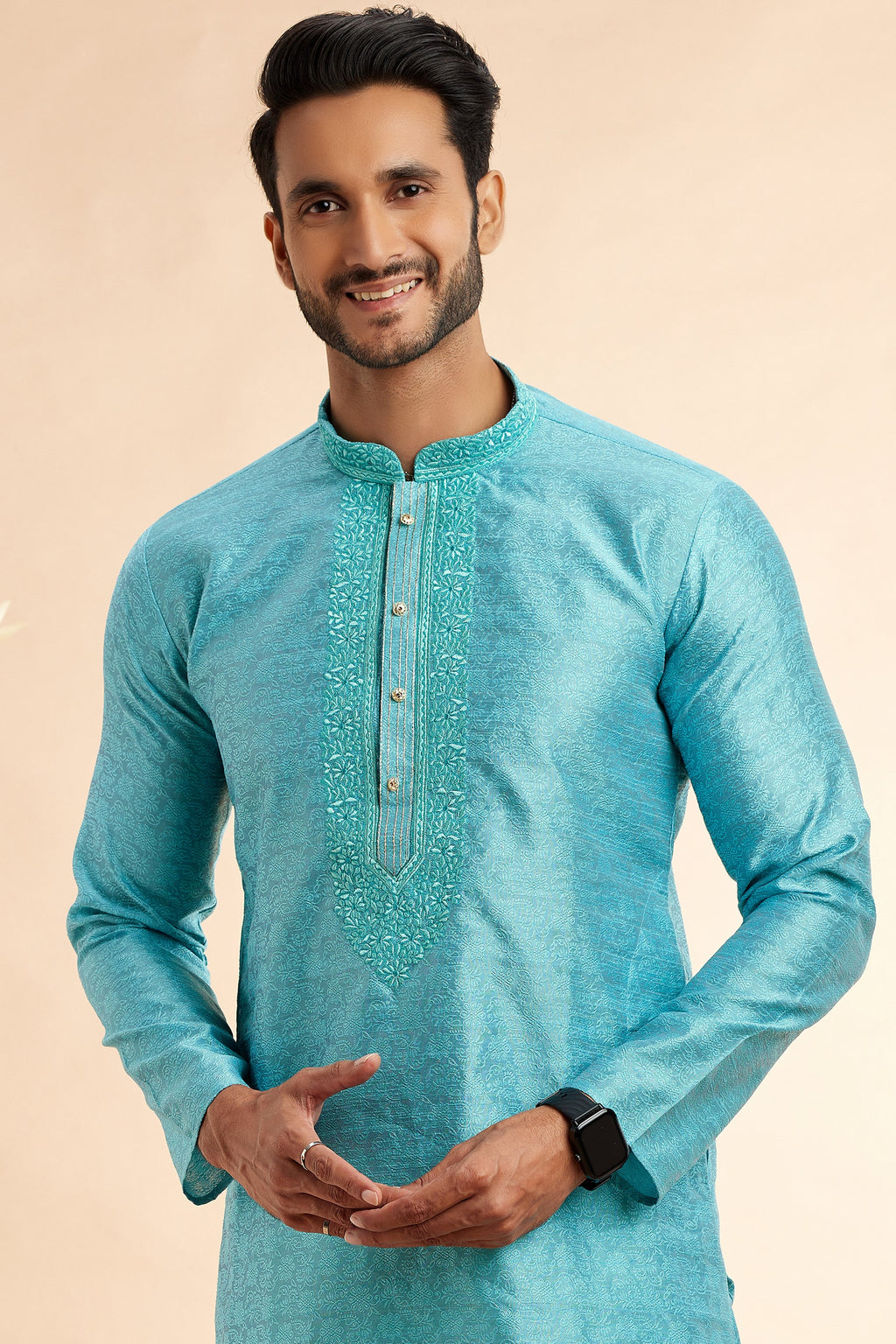 Turquoise Jacquard Silk Plain Straight Kurta Pajama for Men for Festival & Wedding - Embroidery Work