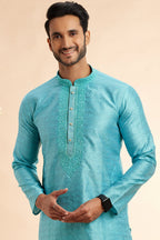 Turquoise Jacquard Silk Plain Straight Kurta Pajama for Men for Festival & Wedding - Embroidery Work