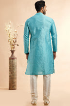 Turquoise Jacquard Silk Plain Straight Kurta Pajama for Men for Festival & Wedding - Embroidery Work
