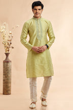 Green Jacquard Silk Plain Straight Kurta Pajama for Men for Festival & Wedding - Embroidery Work