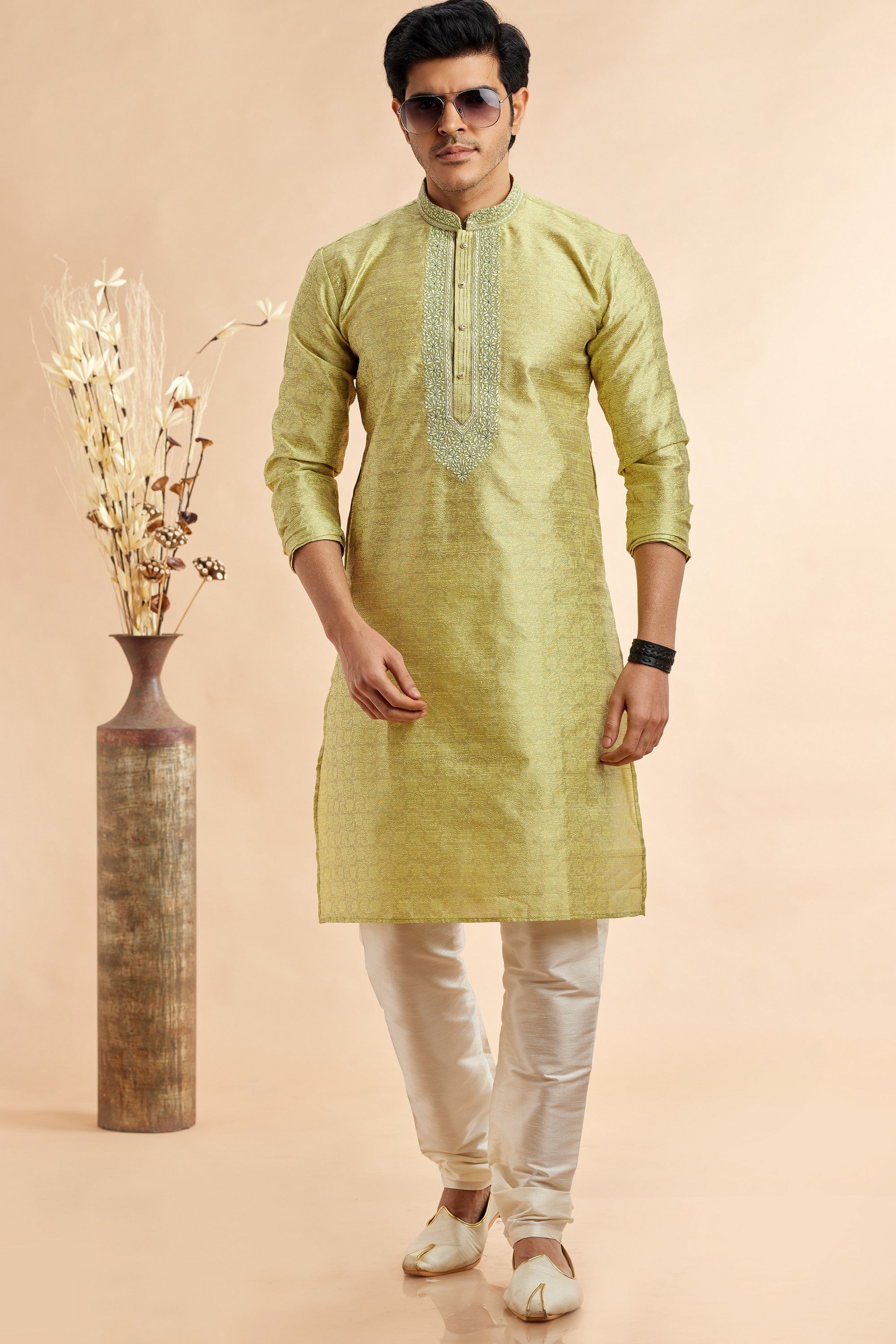 Green Jacquard Silk Plain Straight Kurta Pajama for Men for Festival & Wedding - Embroidery Work