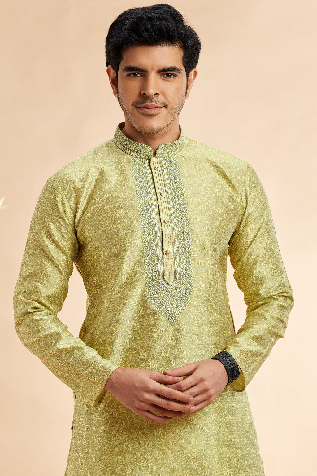 Green Jacquard Silk Plain Straight Kurta Pajama for Men for Festival & Wedding - Embroidery Work