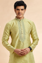 Green Jacquard Silk Plain Straight Kurta Pajama for Men for Festival & Wedding - Embroidery Work
