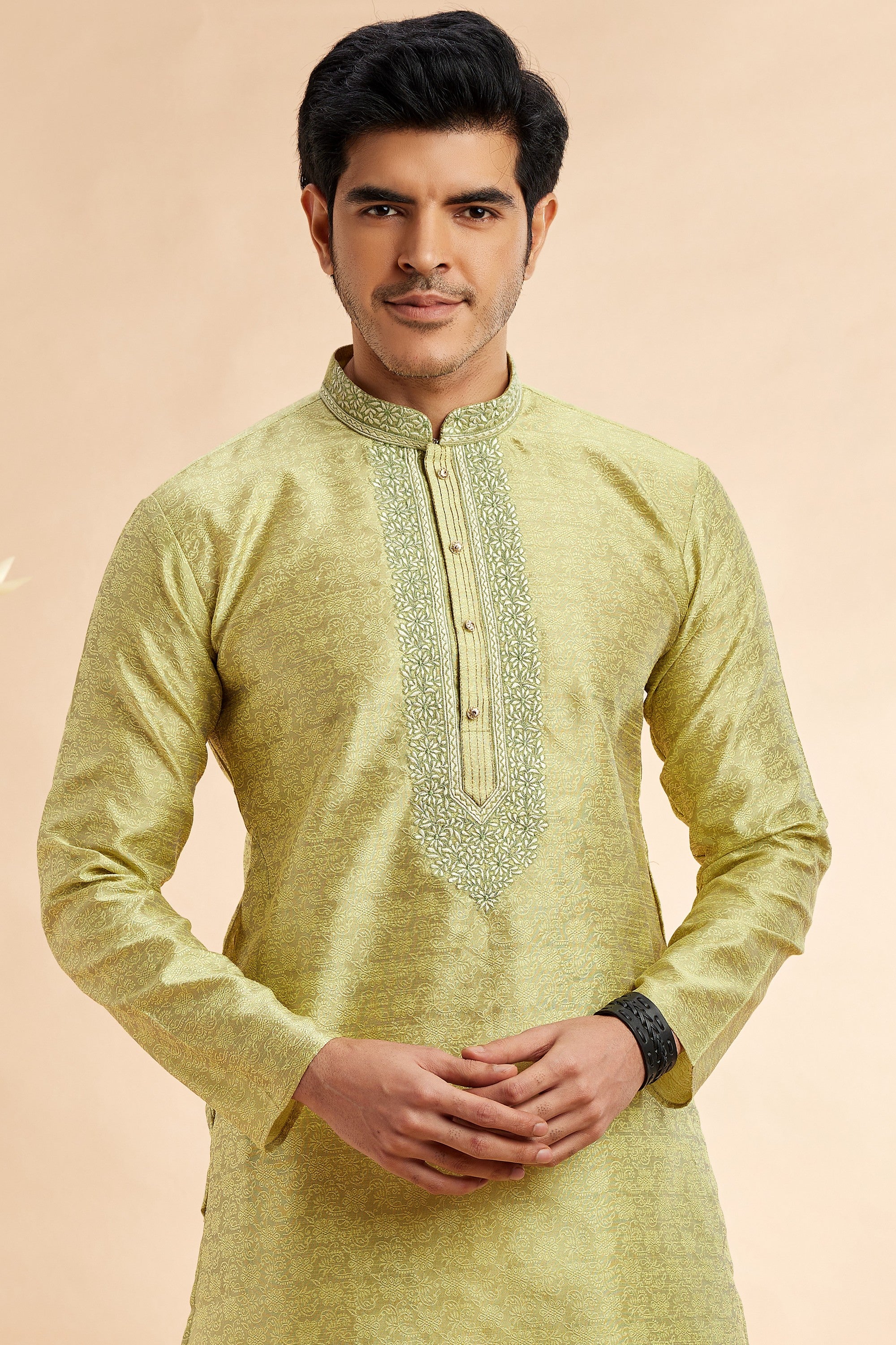 Green Jacquard Silk Plain Straight Kurta Pajama for Men for Festival & Wedding - Embroidery Work