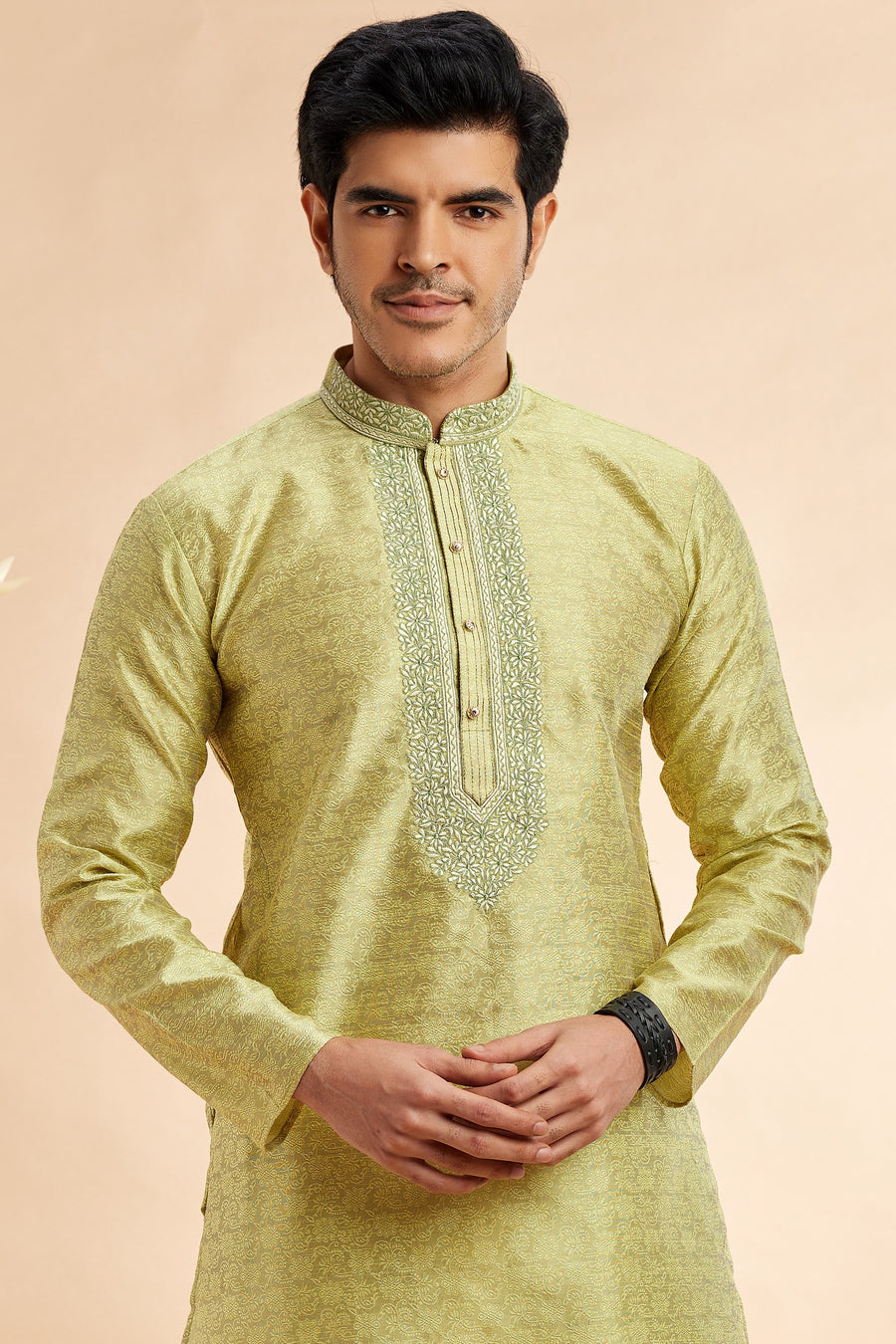 Green Jacquard Silk Plain Straight Kurta Pajama for Men for Festival & Wedding - Embroidery Work