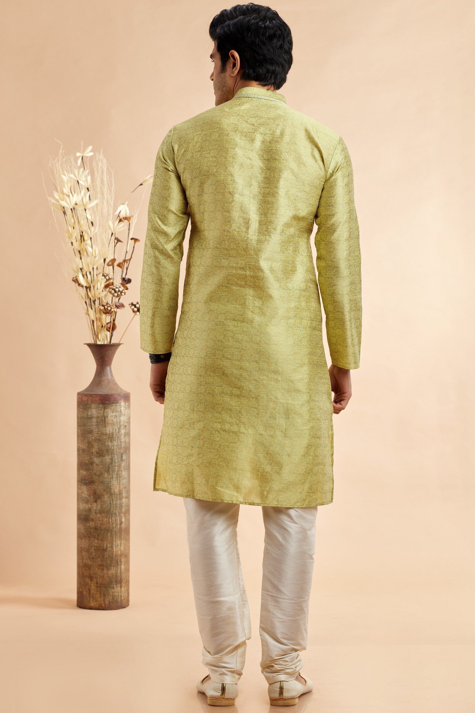 Green Jacquard Silk Plain Straight Kurta Pajama for Men for Festival & Wedding - Embroidery Work