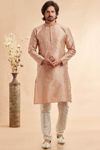 Peach Jacquard Silk Plain Straight Kurta Pajama for Men for Festival & Weddings - Embroidery Work