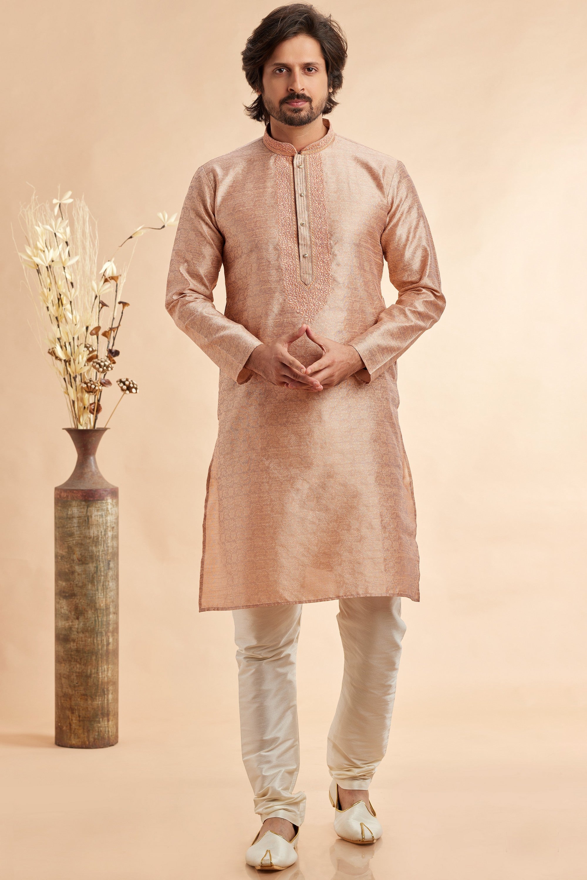 Peach Jacquard Silk Plain Straight Kurta Pajama for Men for Festival & Weddings - Embroidery Work