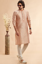 Peach Jacquard Silk Plain Straight Kurta Pajama for Men for Festival & Weddings - Embroidery Work