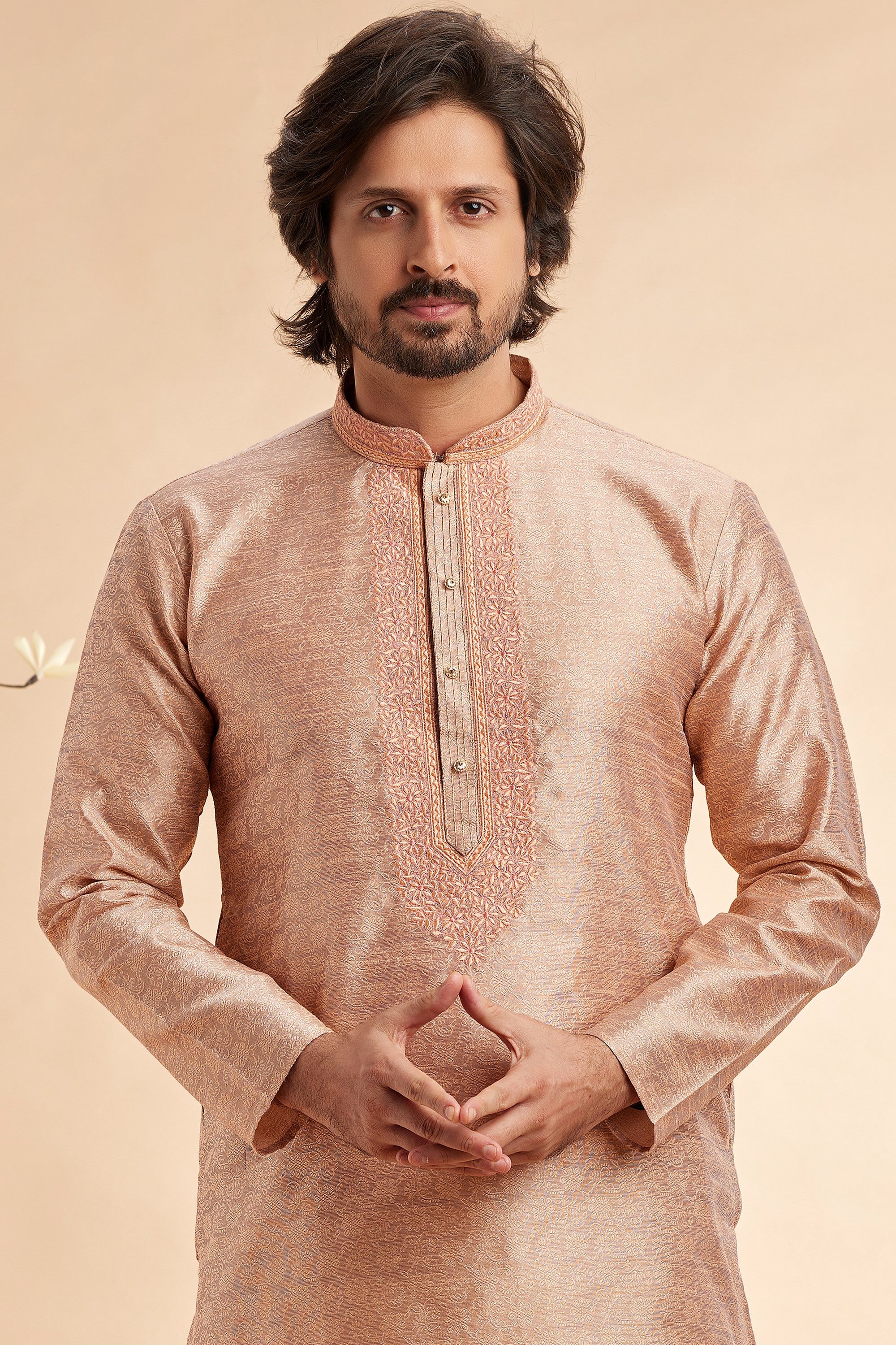 Peach Jacquard Silk Plain Straight Kurta Pajama for Men for Festival & Weddings - Embroidery Work