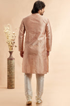 Peach Jacquard Silk Plain Straight Kurta Pajama for Men for Festival & Weddings - Embroidery Work
