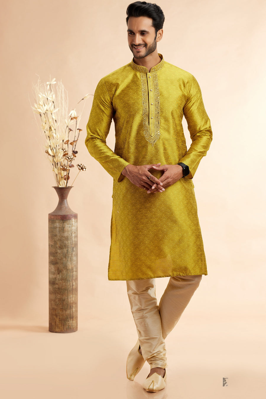 Golden Jacquard Silk Plain Straight Kurta Pajama for Men for Festival & Weddings - Embroidery Work