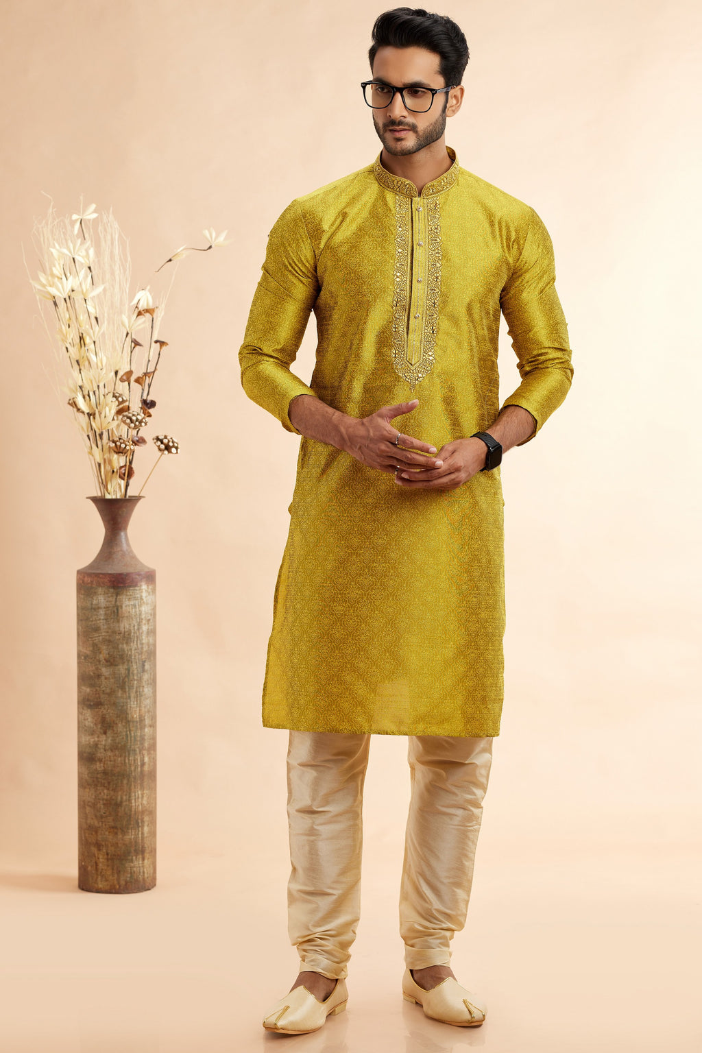 Golden Jacquard Silk Plain Straight Kurta Pajama for Men for Festival & Weddings - Embroidery Work