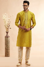 Golden Jacquard Silk Plain Straight Kurta Pajama for Men for Festival & Weddings - Embroidery Work