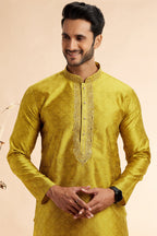 Golden Jacquard Silk Plain Straight Kurta Pajama for Men for Festival & Weddings - Embroidery Work