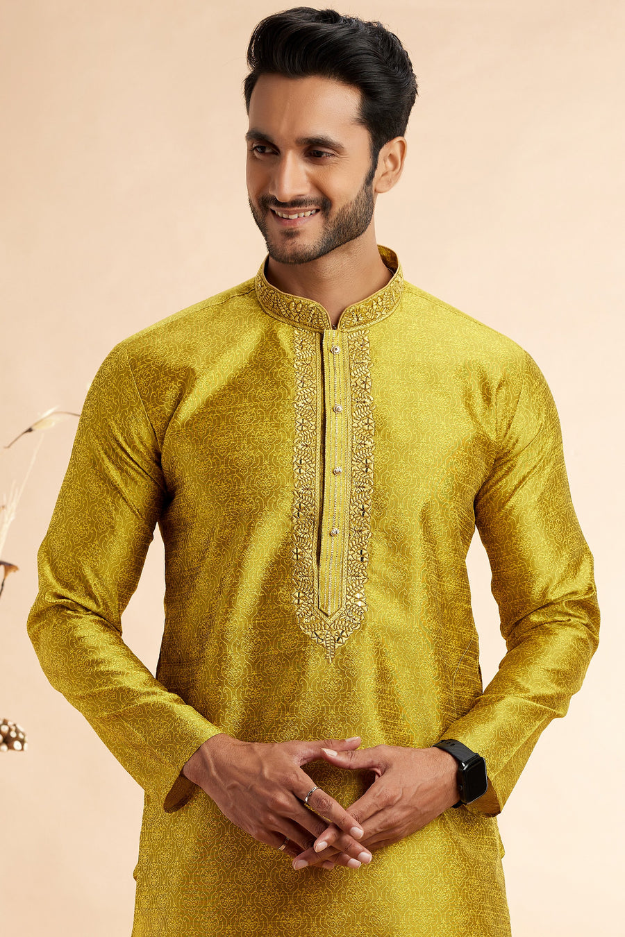 Golden Jacquard Silk Plain Straight Kurta Pajama for Men for Festival & Weddings - Embroidery Work