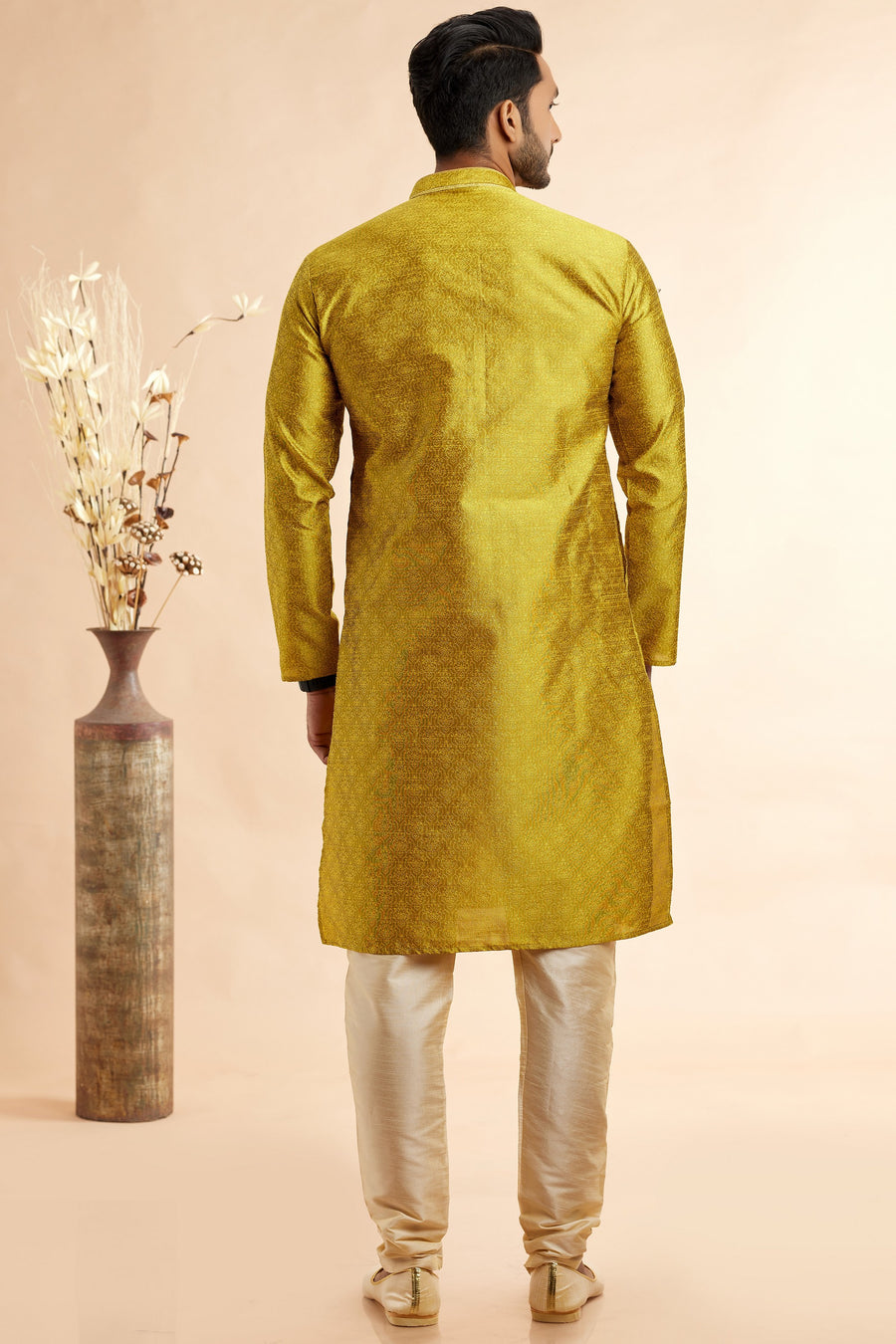 Golden Jacquard Silk Plain Straight Kurta Pajama for Men for Festival & Weddings - Embroidery Work