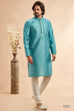 Turquoise Jacquard Silk Plain Straight Kurta Pajama for Men for Festival & Weddings - Embroidery Work