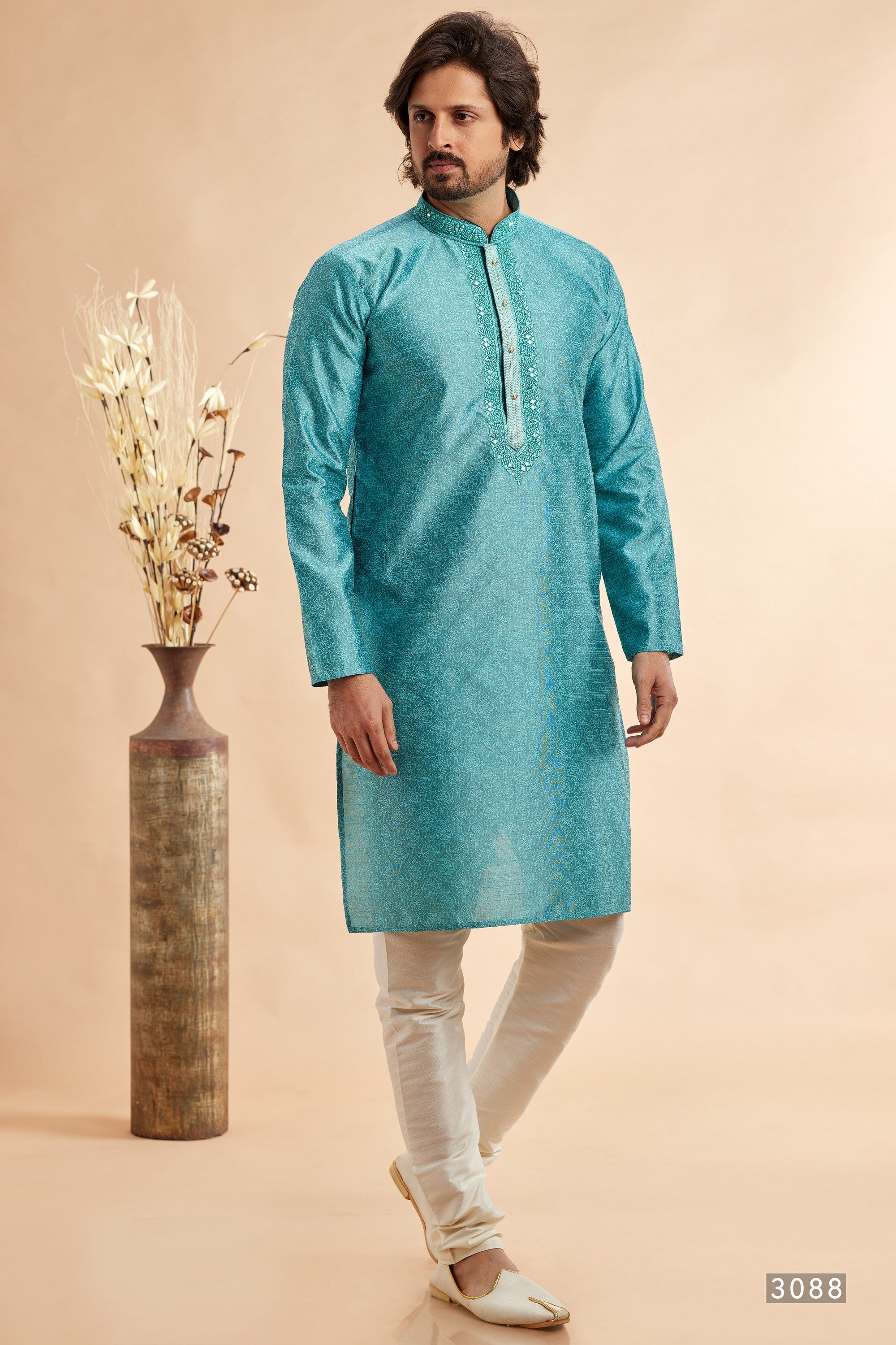 Turquoise Jacquard Silk Plain Straight Kurta Pajama for Men for Festival & Weddings - Embroidery Work