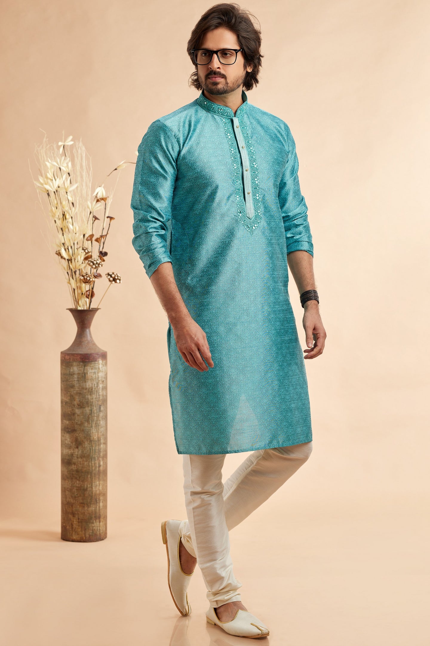 Turquoise Jacquard Silk Plain Straight Kurta Pajama for Men for Festival & Weddings - Embroidery Work